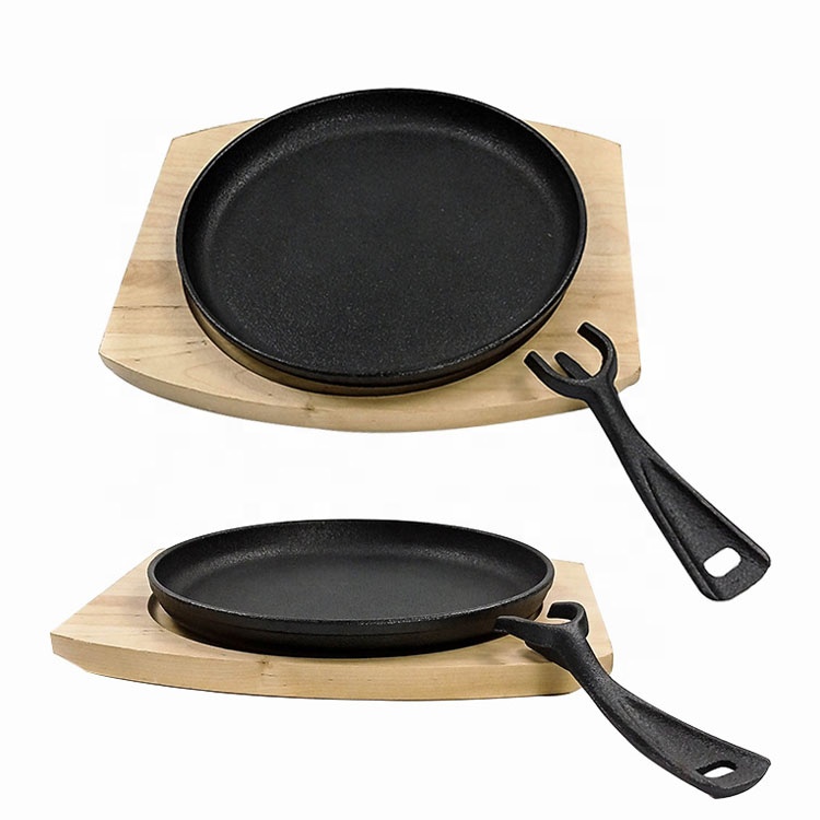 CAST IRON FAJITA SKILLET PAN WITH WOODEN TRAY, NONSTICK SIZZLING STEAK PALTE